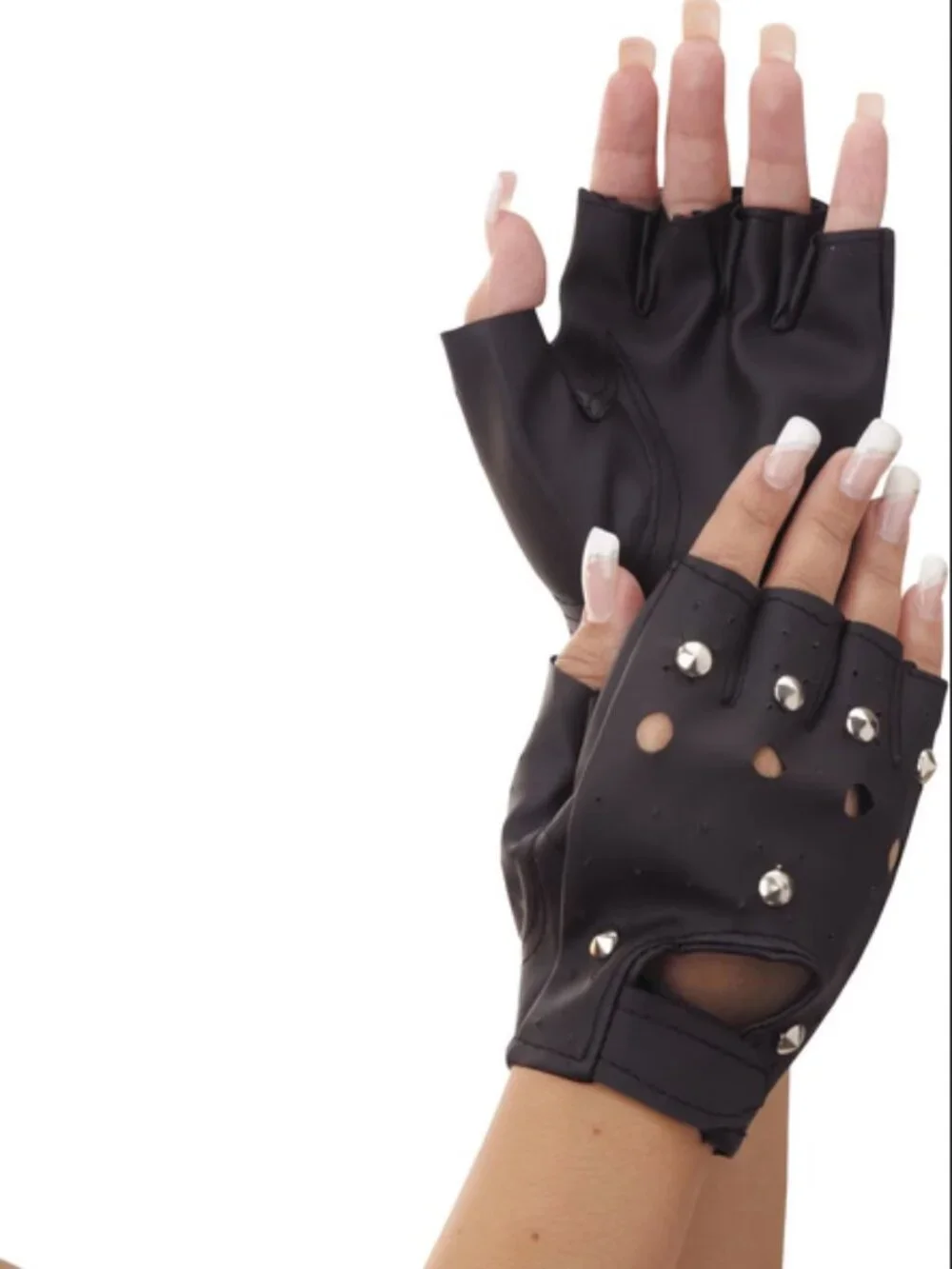 Bad to the Bone Punk Rock Studded Fingerless Black Faux Leather Gloves Costume